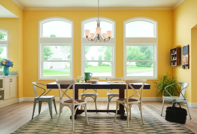 Custom shape windows from Window World in dining area.